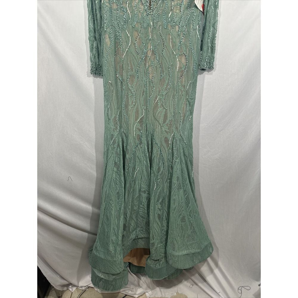NWT Mac Duggal [ 12 ] 79291 Beaded Lace Long Sleeve Plunge Neck Gown Sage‎ green - Picture 12 of 15